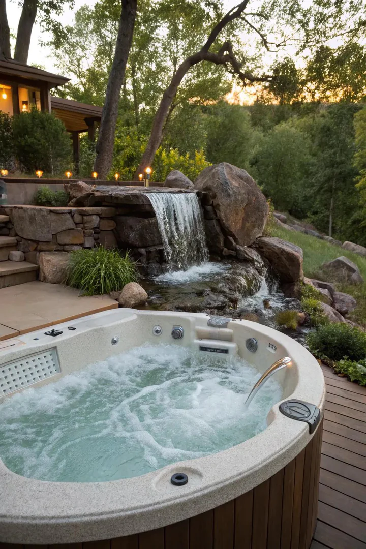 Stacked natural stone waterfall wall flowing into a catch basin next to a hot tub patio
