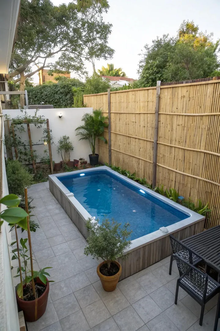 Above-ground pool tucked into a corner with tall bamboo screens on two sides for privacy