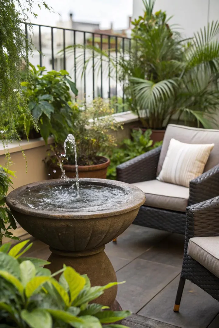 Tabletop fountain on a small terrace with water flowing over stacked stones
