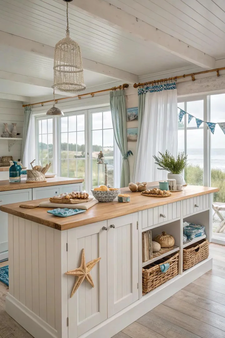 Coastal-themed kitchen peninsula with light colors.