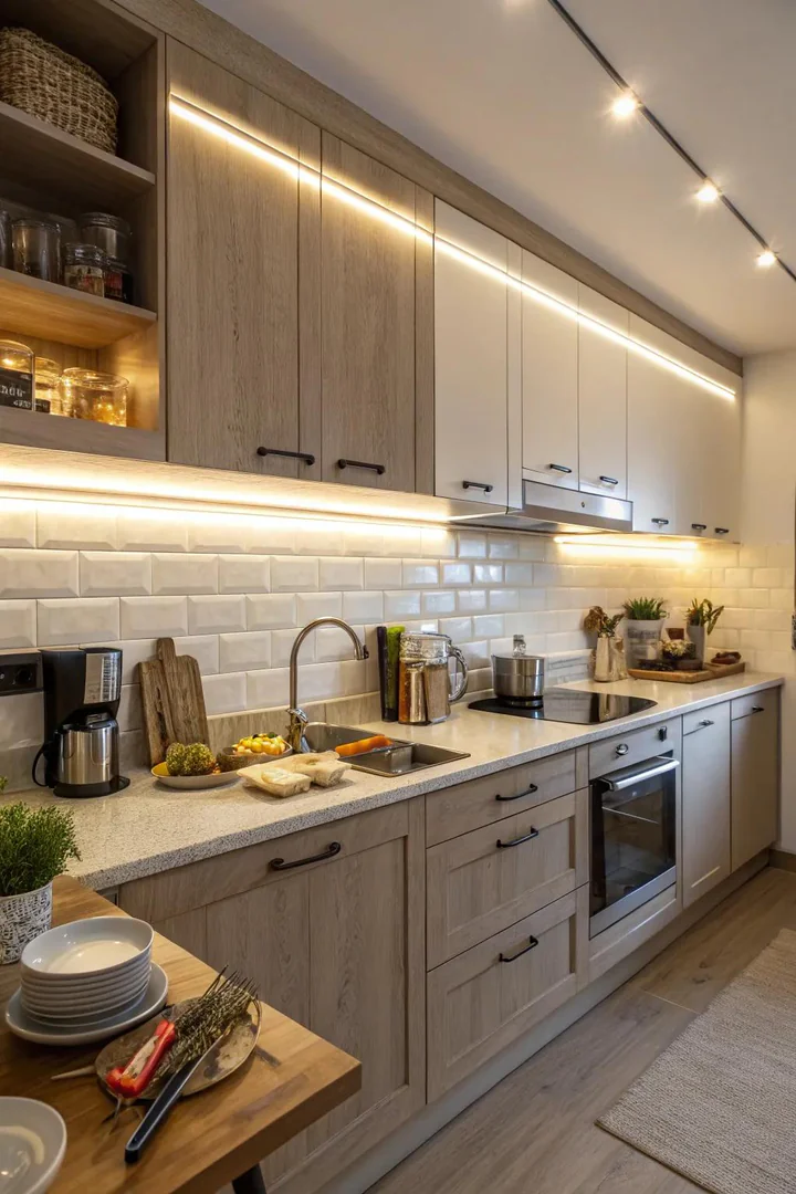 Under-cabinet LED lighting in a windowless kitchen.