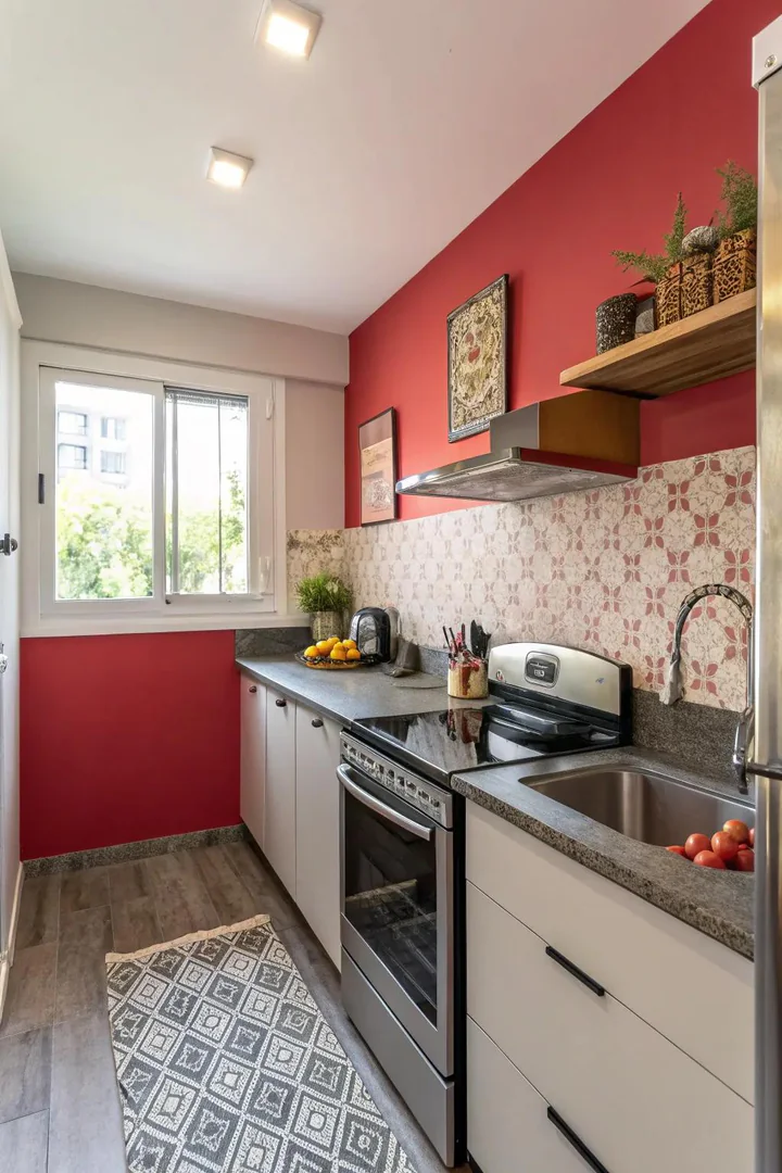 Bold accent color in a small kitchen remodel.