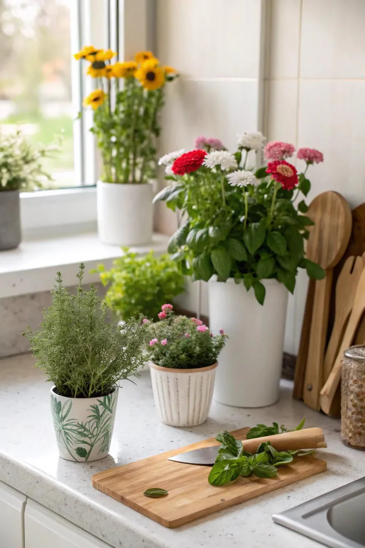 Potted herbs on a kitchen windowsill adding life to the space