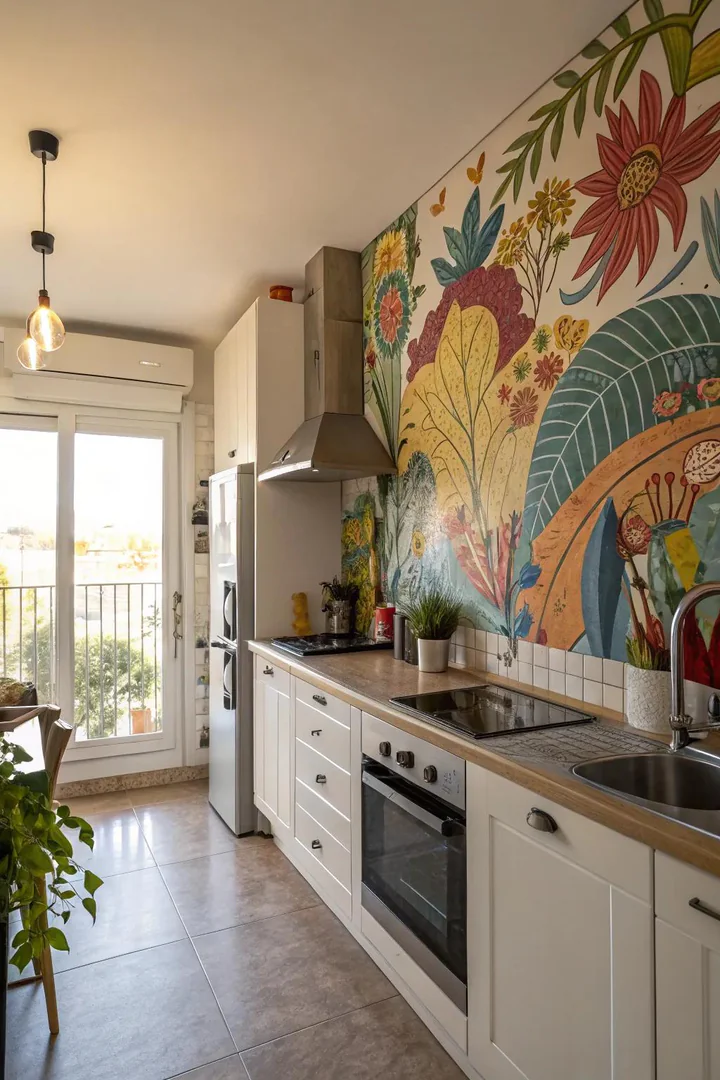 Wallpaper mural accent wall in a kitchen.