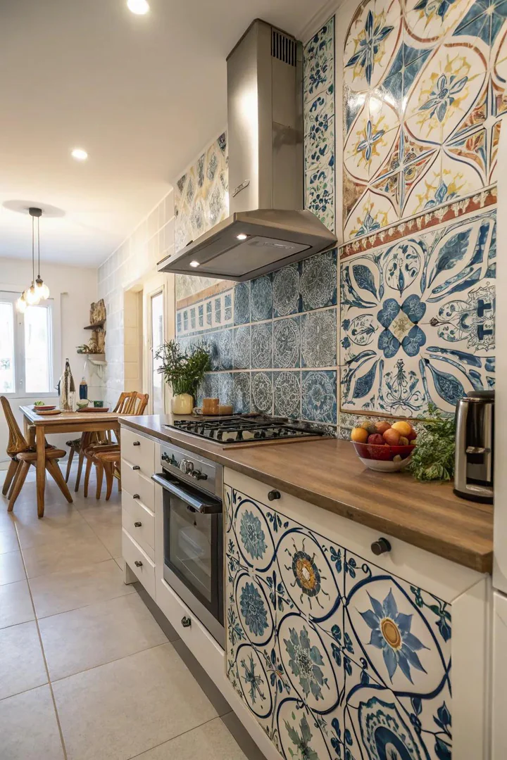 Hand-painted artisan tile kitchen backsplash.
