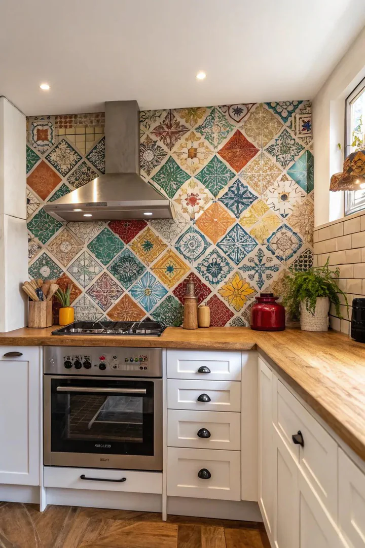 Hand-cut Moroccan zellige tile backsplash with irregular glazed surfaces