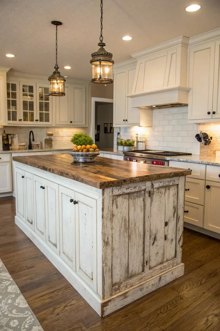 Distressed rustic kitchen island paired with white cabinets