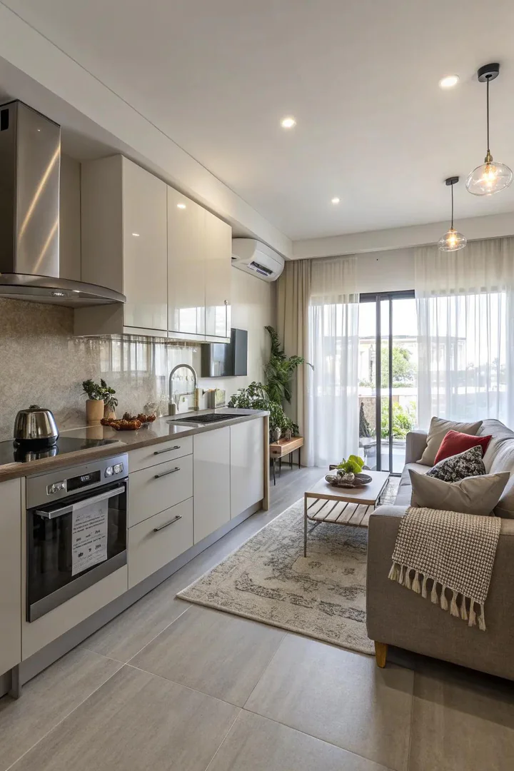 Open-concept kitchen flowing into a living and dining area