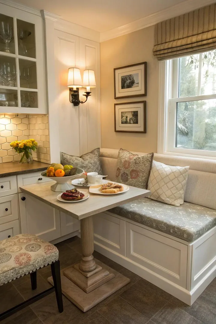 Breakfast nook with built-in banquette seating in a kitchen remodel.
