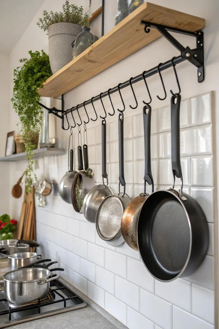 Ceiling-mounted pot rack above a kitchen island.