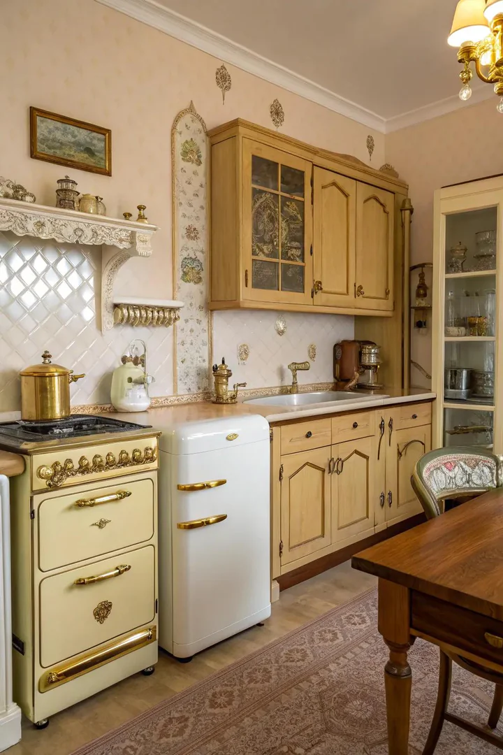 Vintage-style gold hardware on kitchen cabinets.