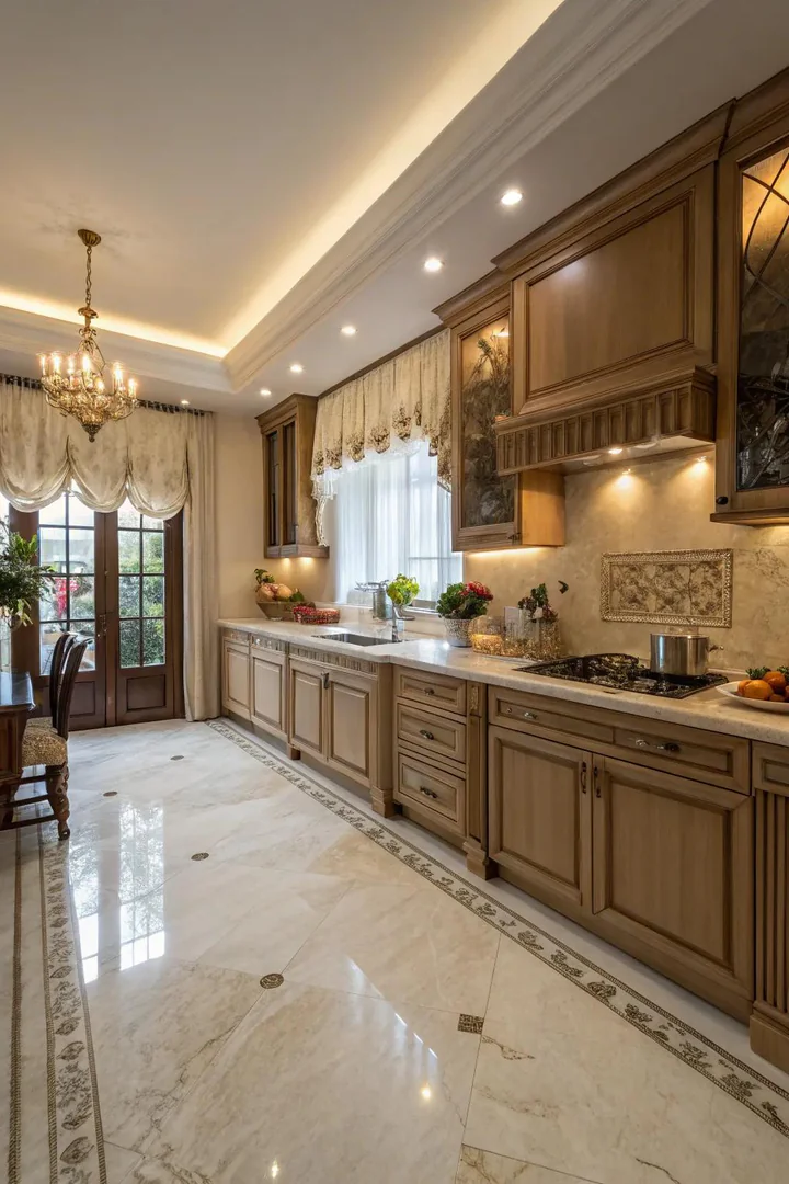 Warm-toned marble kitchen floor with fluted marble trim.