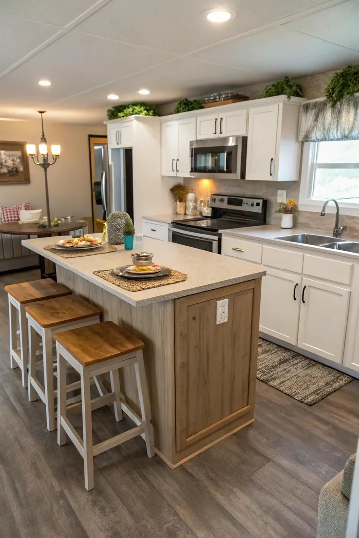 Kitchen island with one side leaf raised for dining and the other side folded down