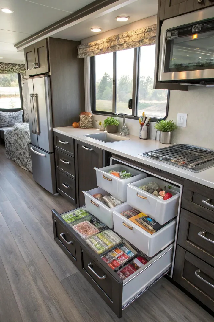 Space-saving storage solutions in a mobile home kitchen.