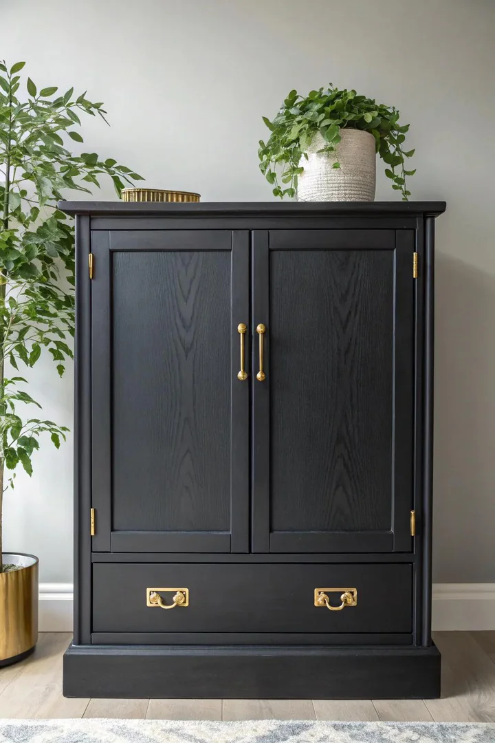 Dramatic matte black painted kitchen cabinets.