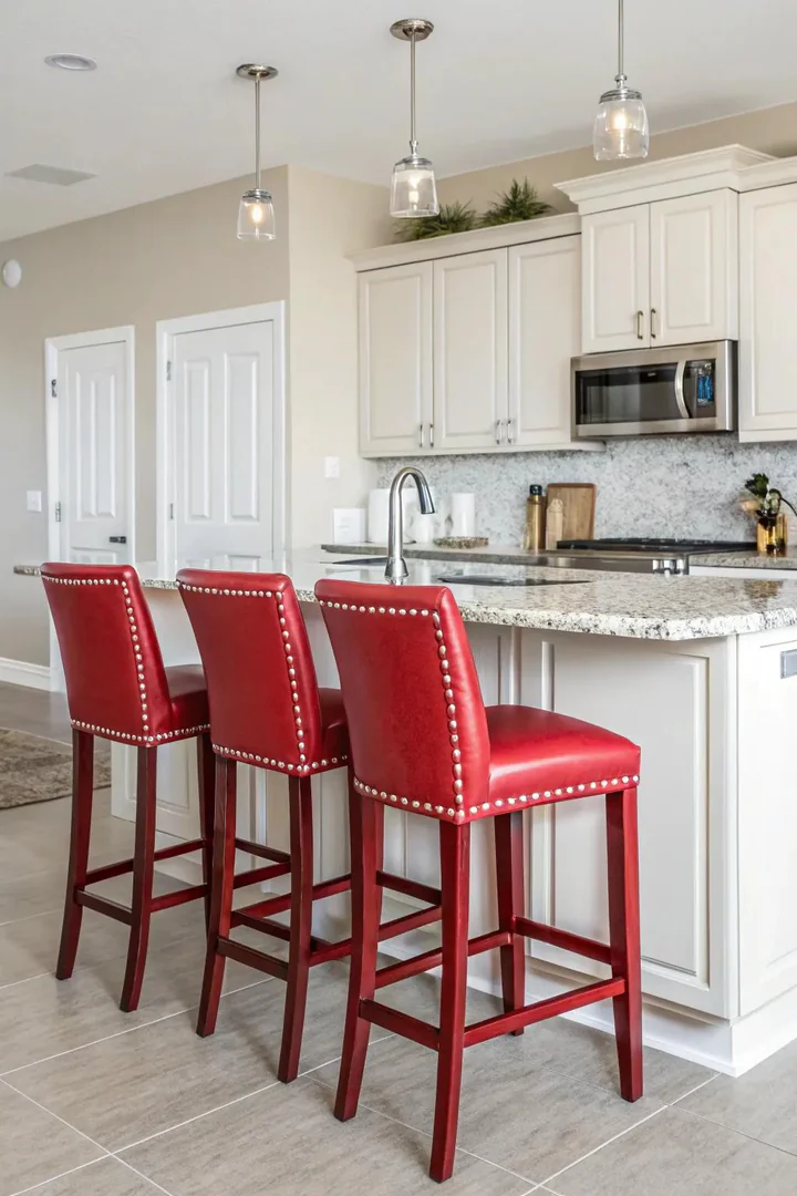 Stylish red bar stools at a kitchen counter.