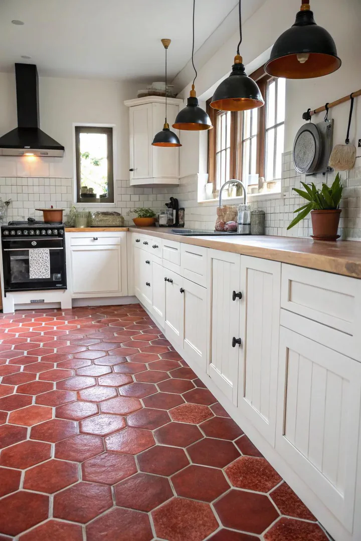 A cozy kitchen with vintage red hexagon tiles.