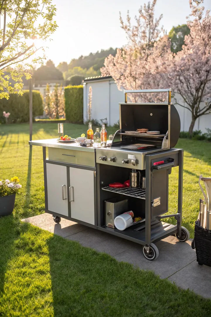 Portable propane grill cart for outdoor cooking.