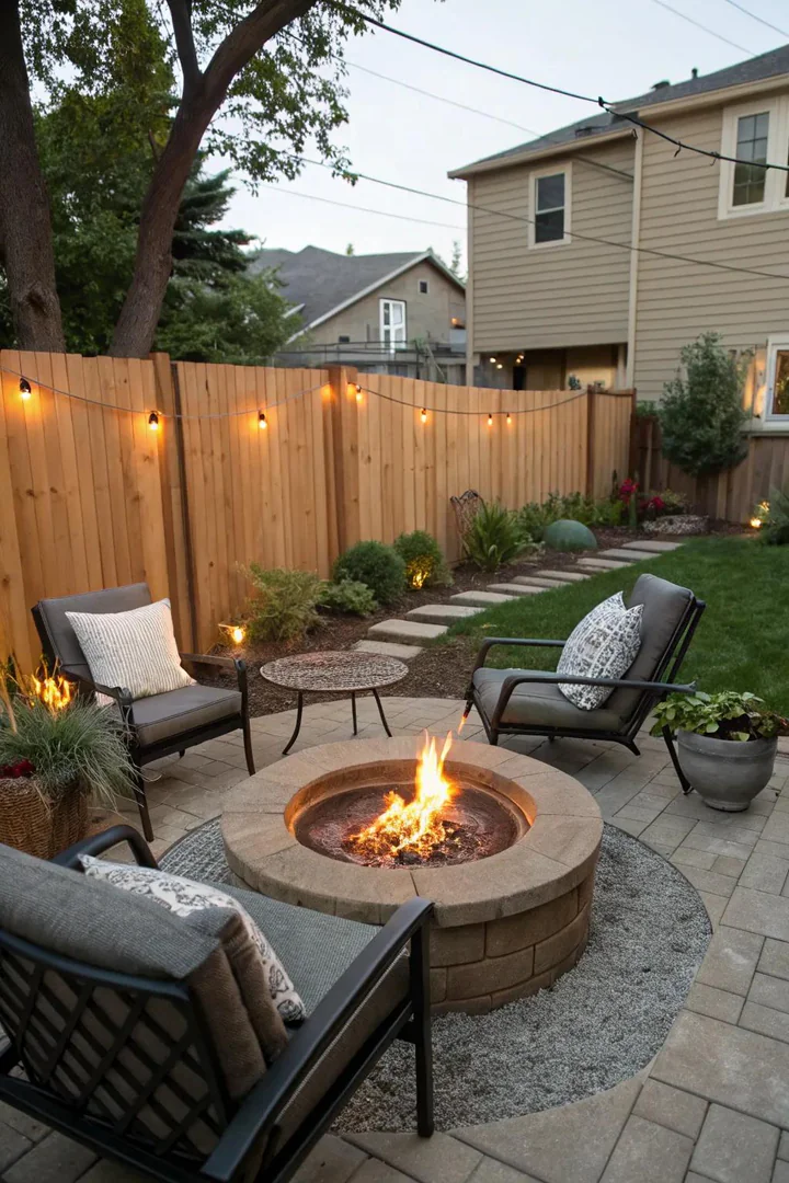 Compact propane fire table on a small backyard patio surrounded by Adirondack chairs