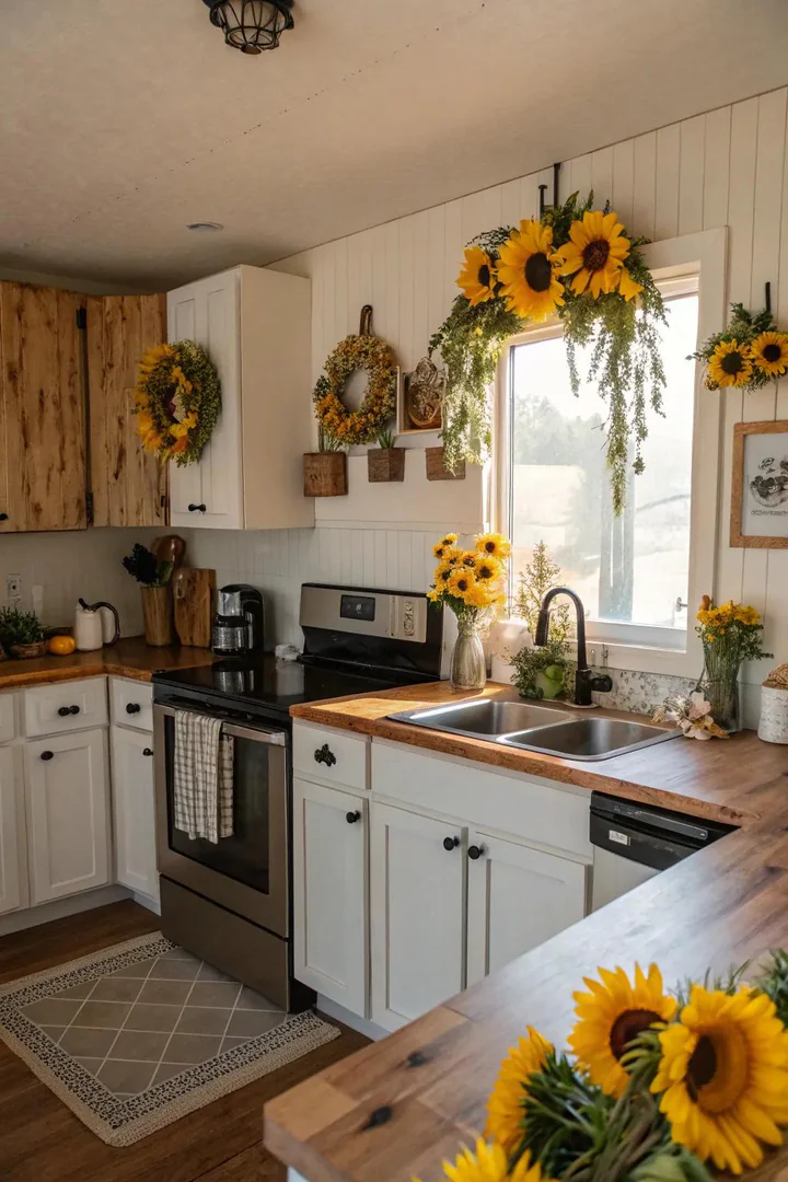 Subtle sunflower accents on kitchen cabinets.