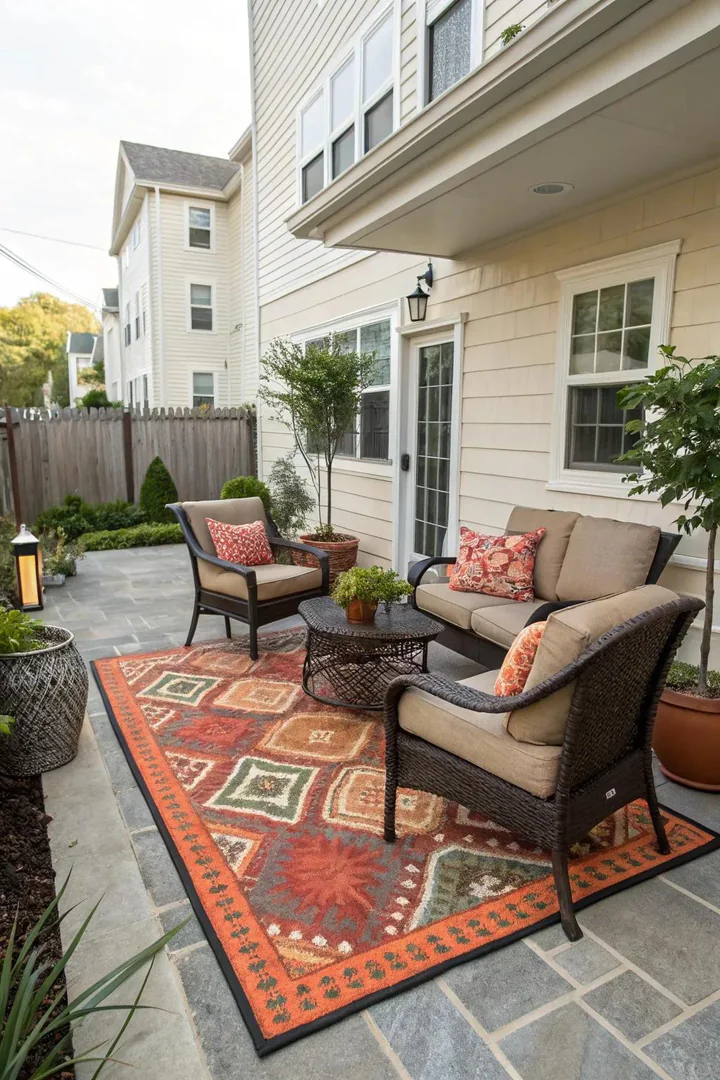 Outdoor area rug defining the seating zone on a small townhouse patio with a bistro set