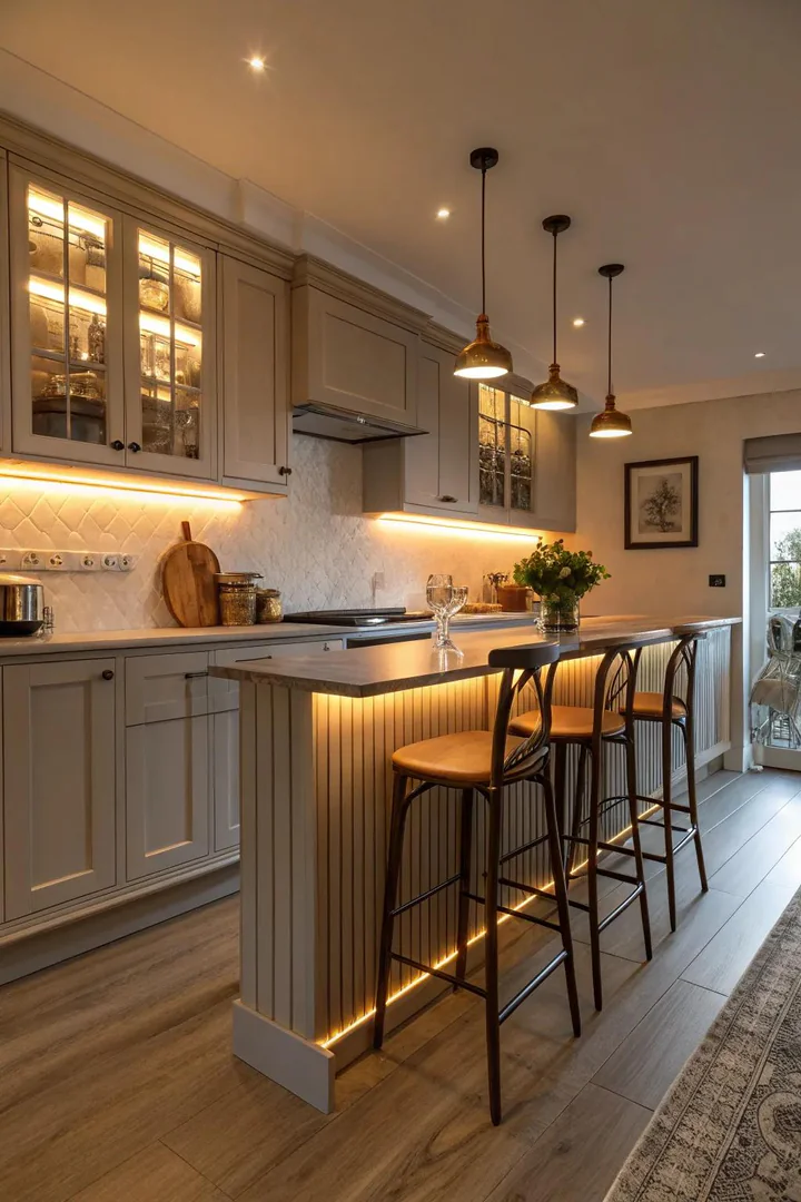 Kitchen wainscoting with integrated LED lighting.