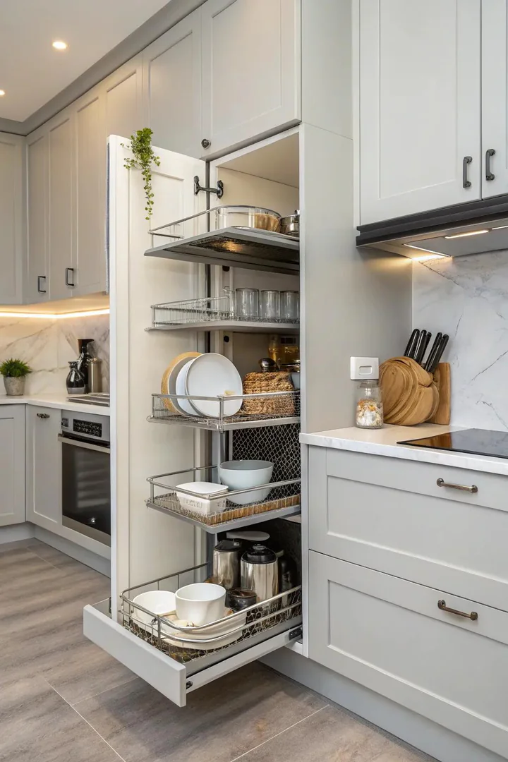 Pull-down shelving system in a wheelchair accessible kitchen.