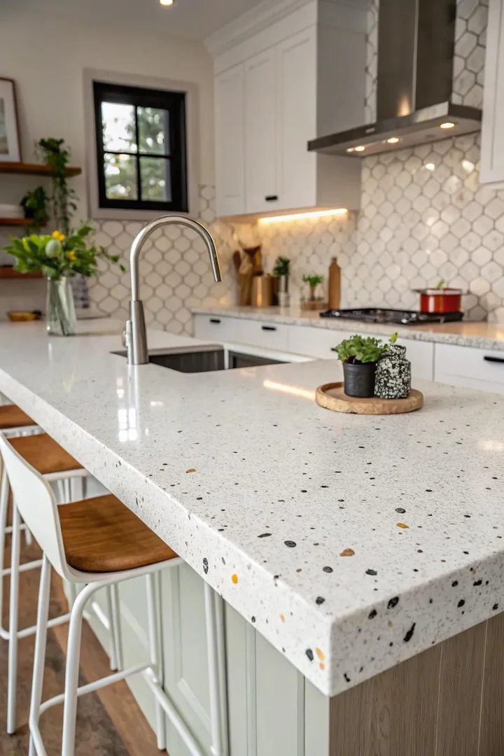 White recycled glass kitchen countertop.