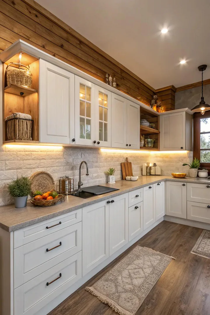 White kitchen with gray countertops and warm wood accent shelving.