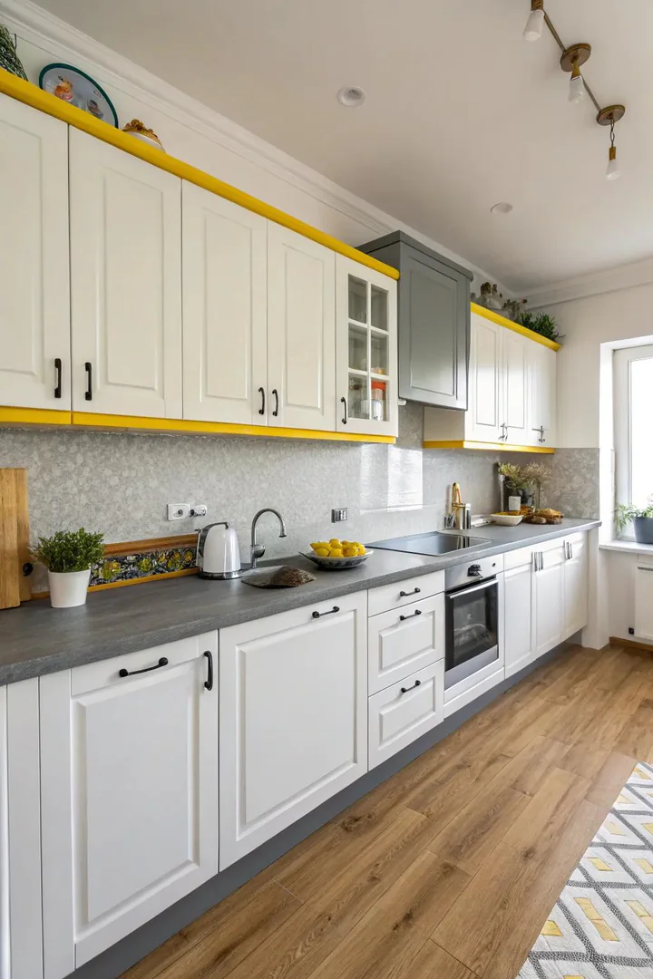 White cabinets with yellow-painted interiors and grey hardware.