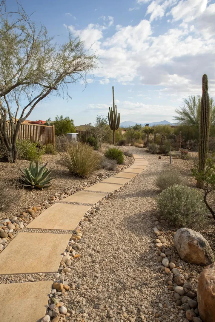 Desert garden with contrasting gravel sizes creating distinct zones and visual texture