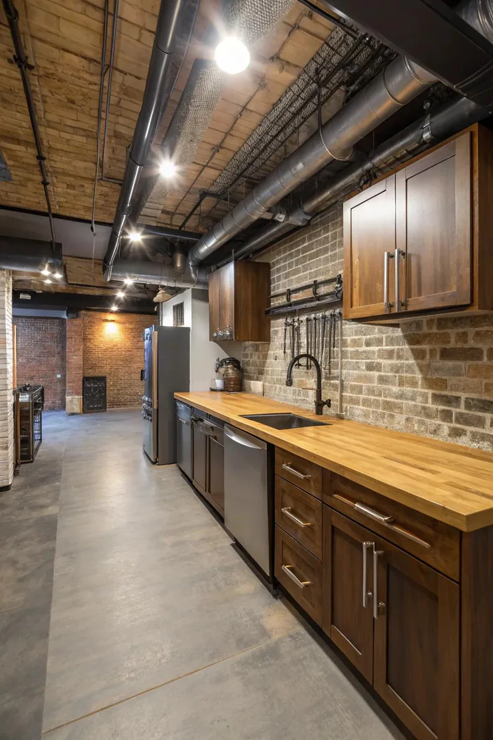Basement kitchen combining dark wood cabinets, concrete counters, and subway tile
