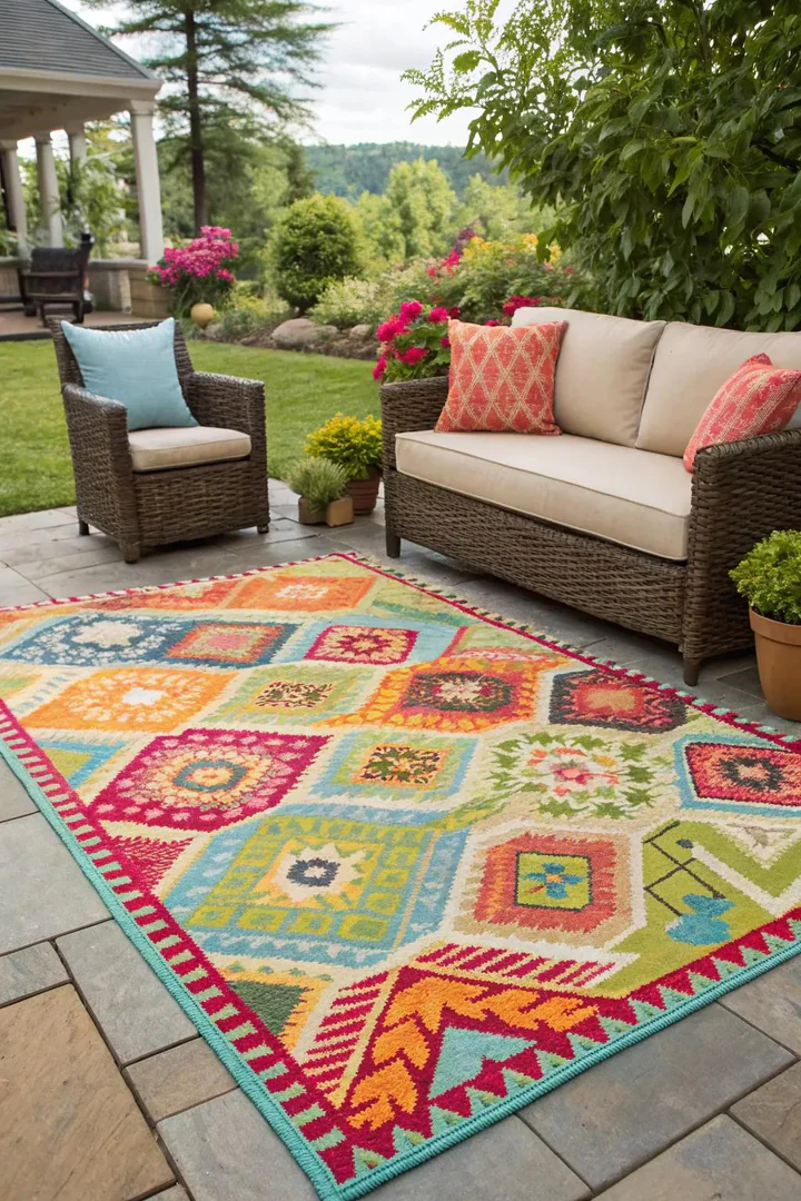 Outdoor rug and throw pillows on a budget patio.