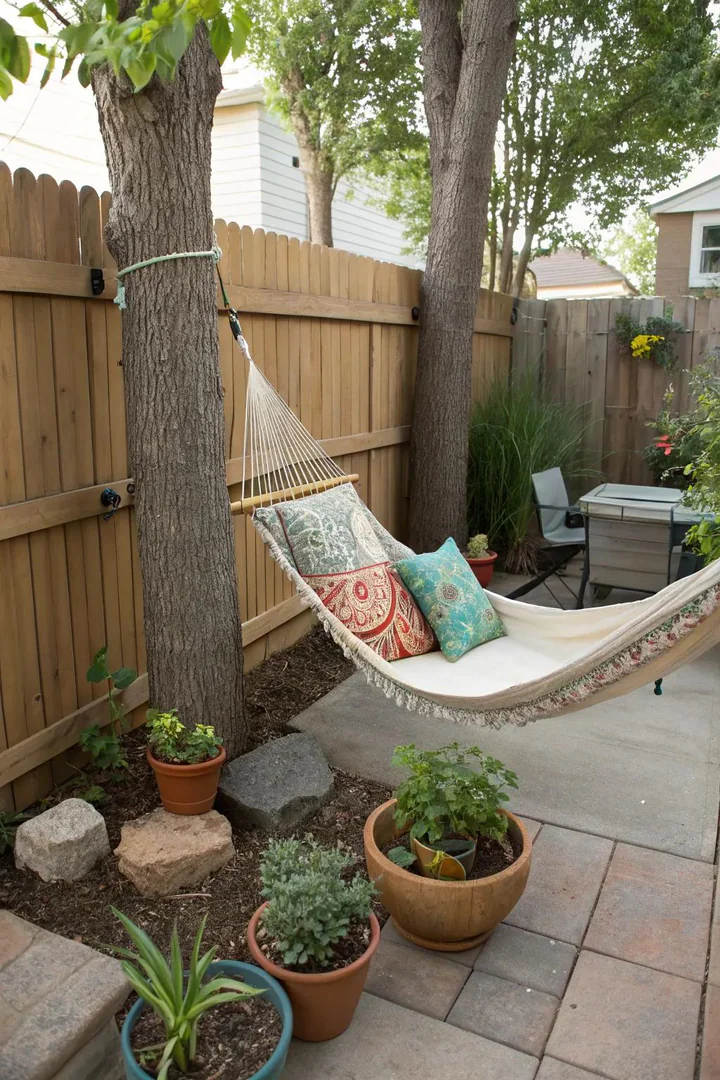 Corner garden hammock in a secluded backyard spot.