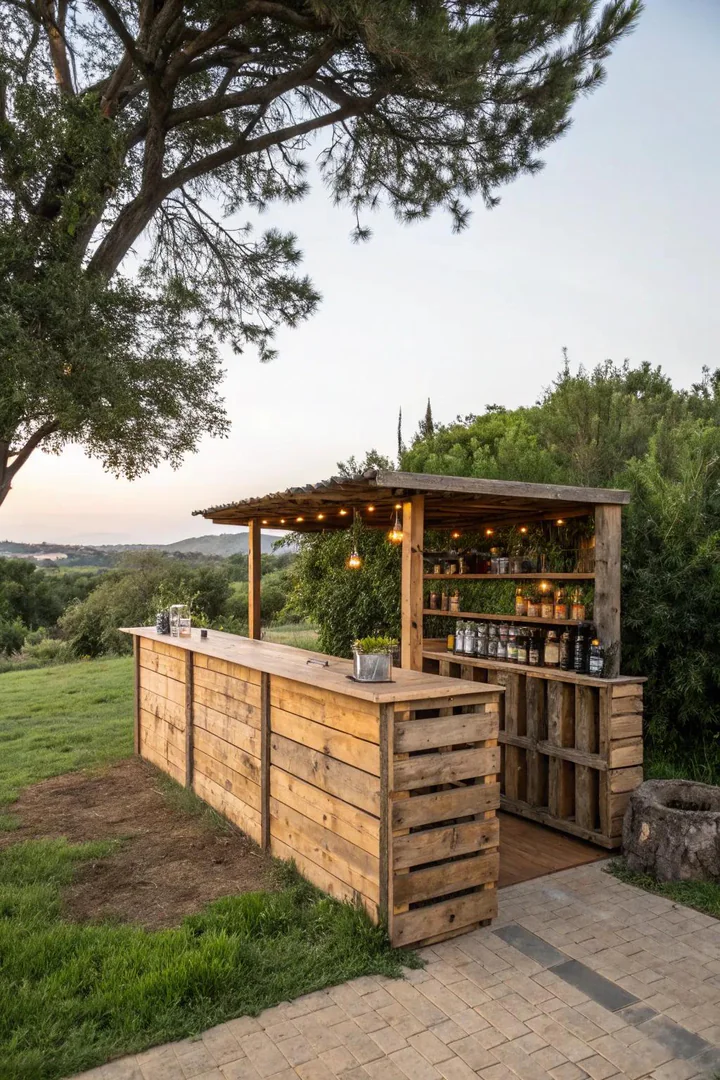 Pallet bar built entirely from reclaimed wood with recycled glass bottle accents