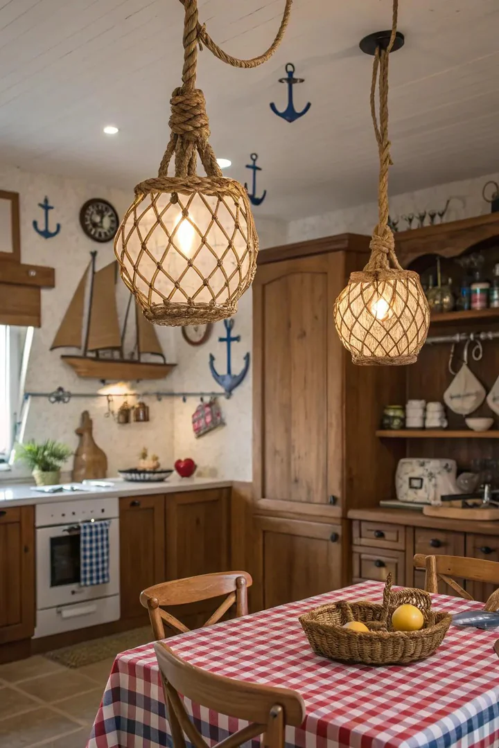 Pendant light with jute rope wrapping hanging in a farmhouse kitchen