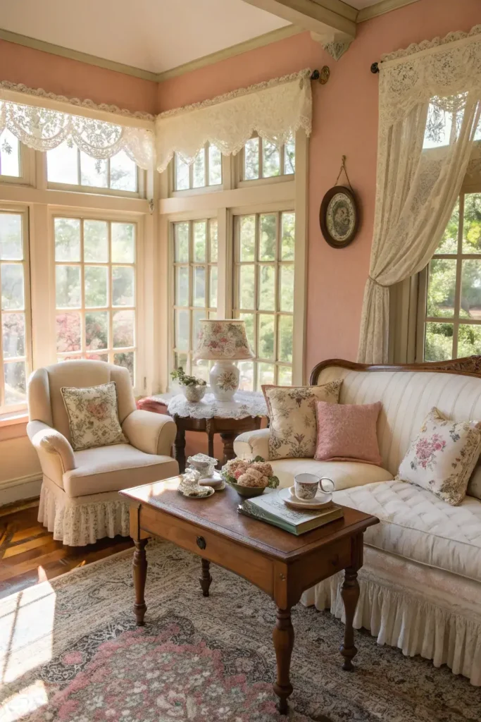 vintage-style sunroom with arched glass windows and antique wicker furniture