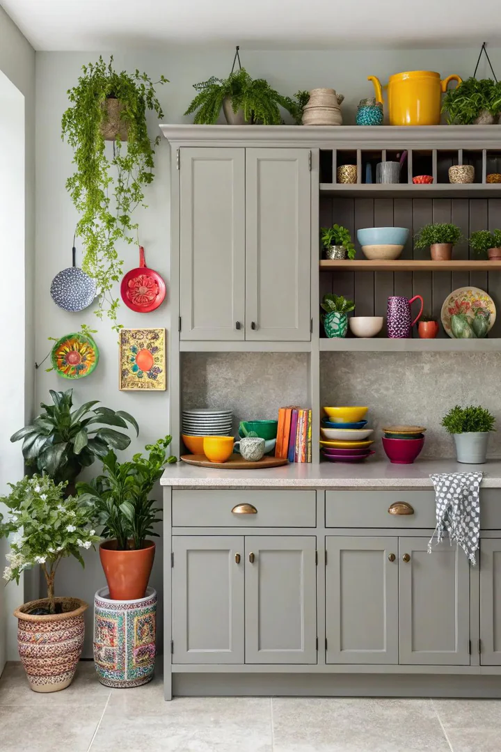 Grey kitchen cabinets styled with ceramic and copper decor accents.