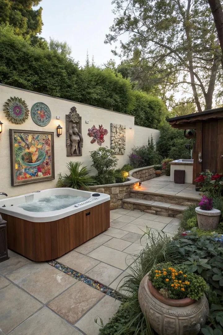 Weather-resistant metal sculpture and ceramic wall art displayed on a fence behind a hot tub