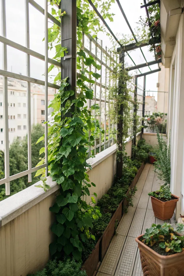 Small terrace with a tall trellis, climbing plants, and hanging planters on the wall