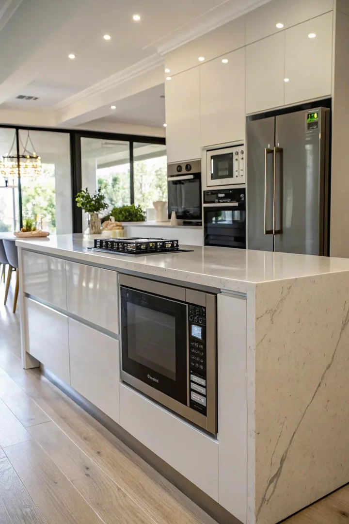 Kitchen peninsula with built-in microwave drawer.