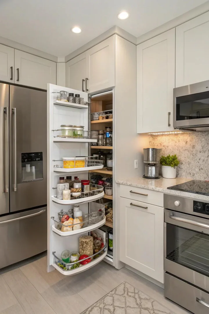 Tiered drawer organizers in a small kitchen.