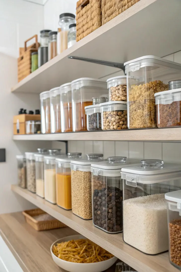 Neatly organized kitchen shelves with glass jars and cookbooks