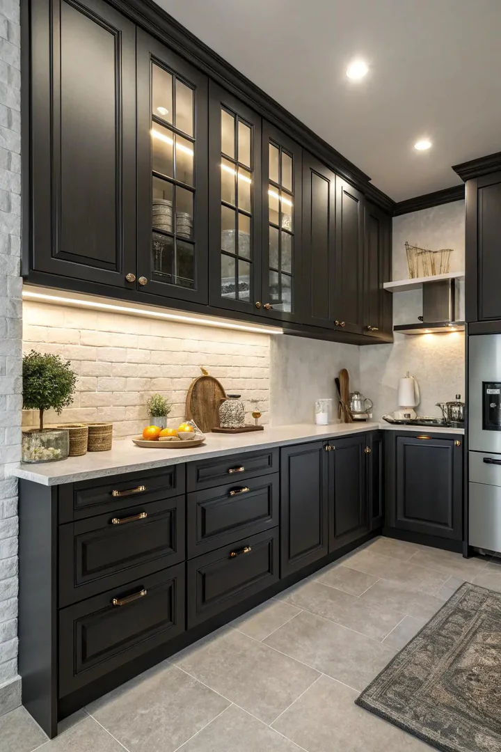 Contrasting cabinet color on an accent wall in a kitchen.
