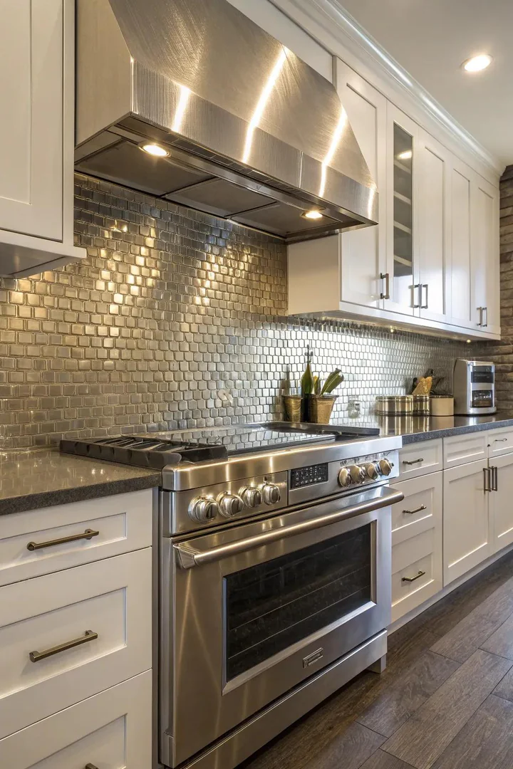 Metallic tile accent kitchen backsplash.