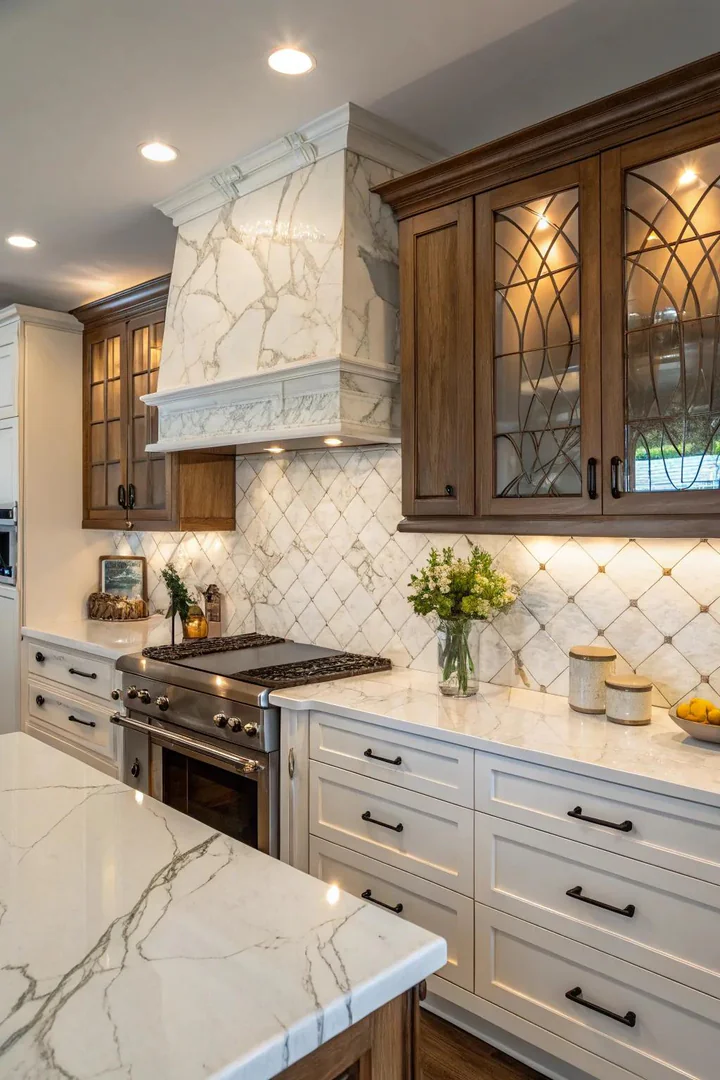 Calacatta marble backsplash with bold gray veining behind a white kitchen