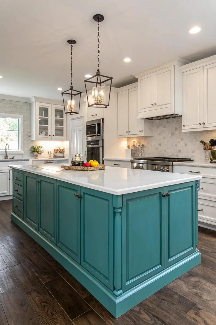 Teal kitchen island adding color to a white kitchen