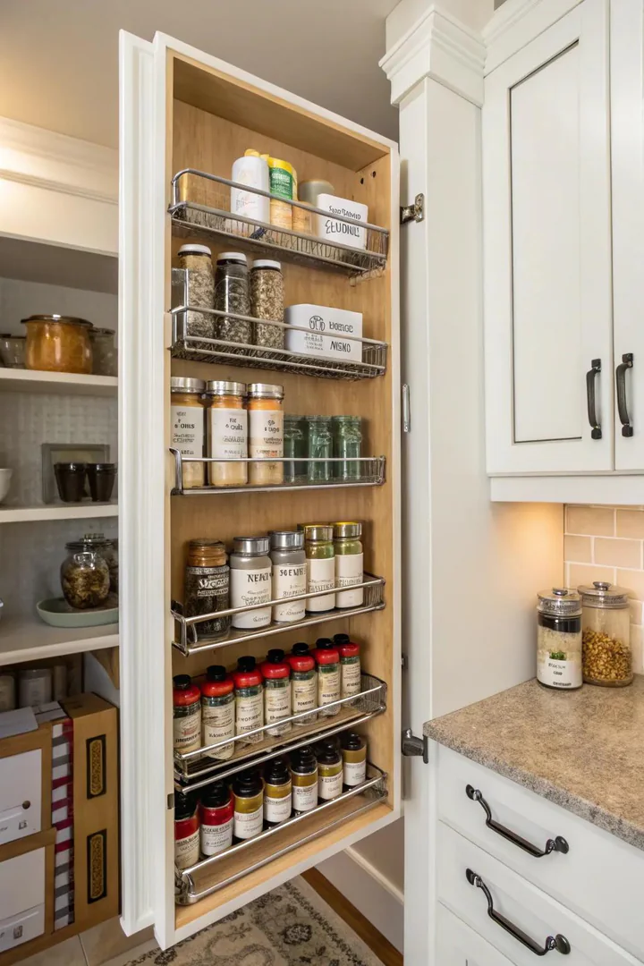 Door-mounted organizer racks on the inside of kitchen cabinet doors.