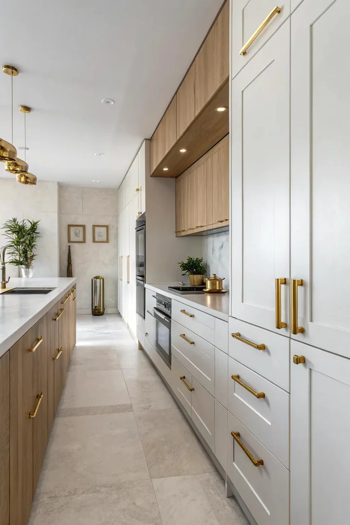 Minimalist kitchen with subtle gold hardware touch points.
