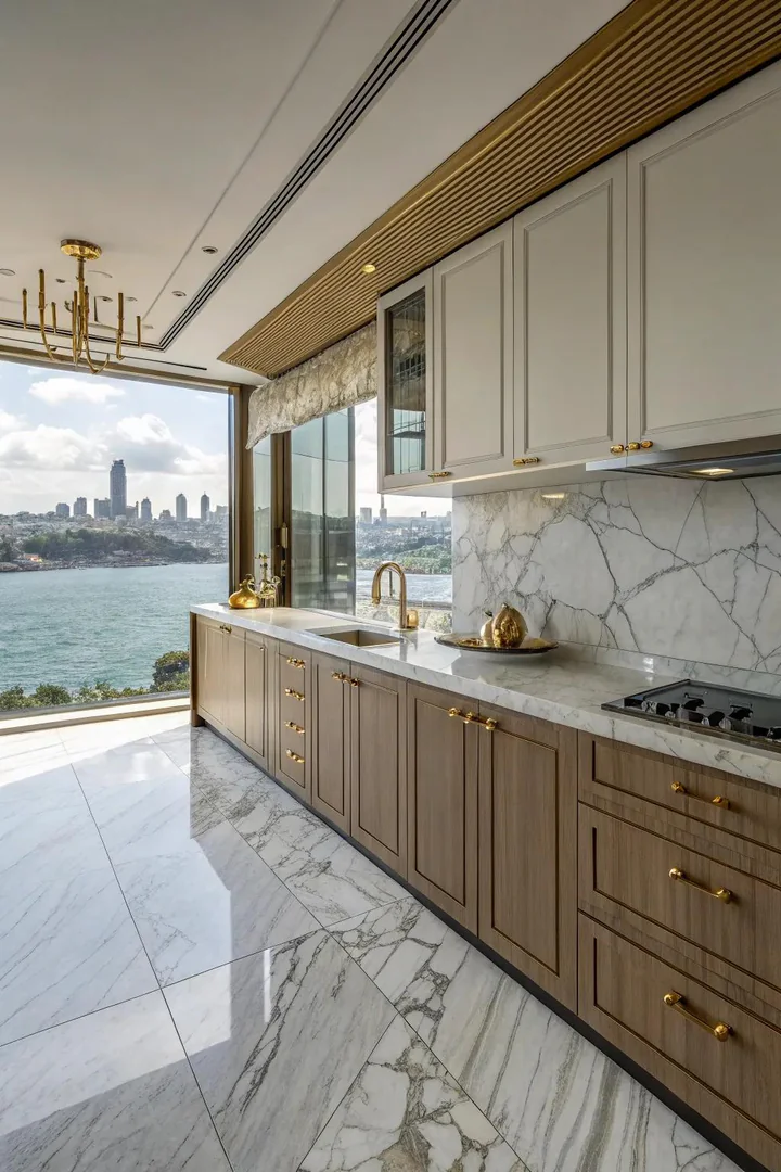 Bosphorus Skyline marble kitchen floor with dramatic veining.